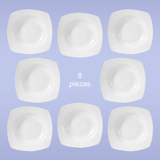 Platos Soperos Cuadrados de Porcelana | 8 piezas